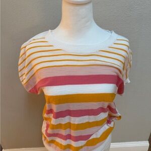 Women’s Striped Short-Sleeve Knit Top in Pink, Mustard & White. Loft
